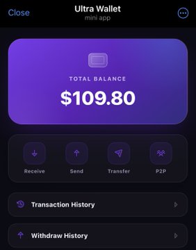 A dark-themed mobile app interface for 'Ultra Wallet' shows a total balance of '$109.80' in a purple gradient box with options to Receive, Send, Transfer, and P2P.
