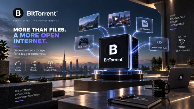 A promotional banner for 'BitTorrent' with the slogan 'MORE THAN FILES. A MORE OPEN INTERNET.' and 'Decentralized storage for a bigger tomorrow', showing a central cube surrounded by icons for Images, Videos, Documents, Game Assets, and Application Files, built on TRON.