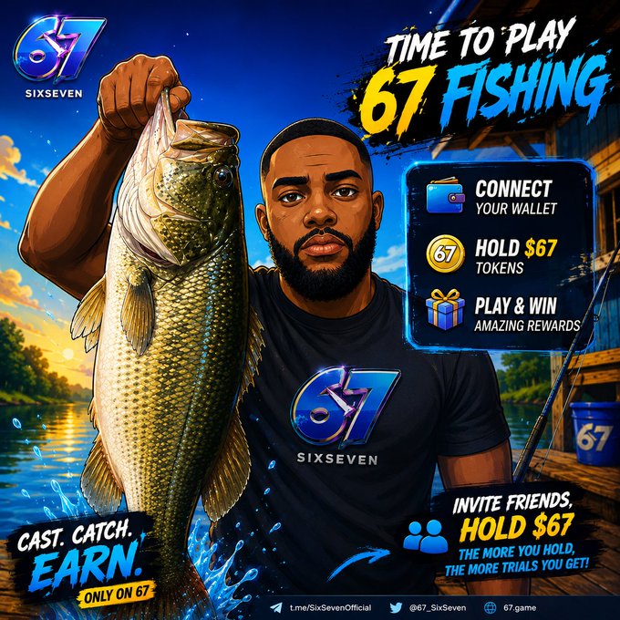 An advertisement for '67 FISHING' by SIXSEVEN featuring a man holding a large fish, with instructions to 'CONNECT YOUR WALLET', 'HOLD $67 TOKENS', and 'PLAY & WIN AMAZING REEWARDS', tagged with social handles and '67.game'.