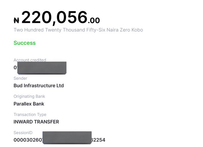 A successful bank transfer of N220,056.00 from Bud Infrastructure Ltd via Parallex Bank, likely representing income from securing a Web2 job as suggested by the accompanying post. This image demonstrates the tangible financial benefit of such employment.