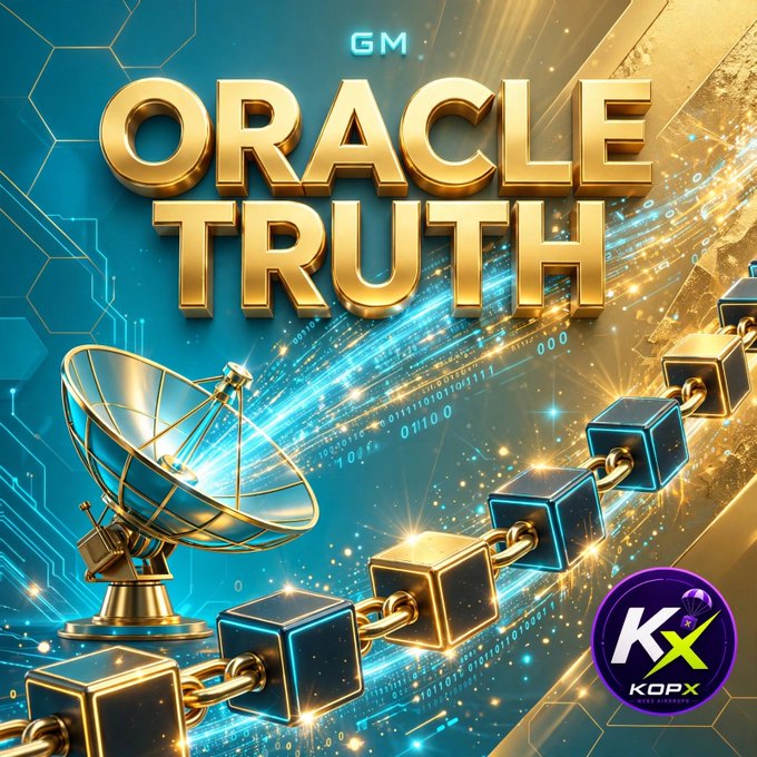 A digital graphic with the text "GM ORACLE TRUTH" in large gold letters, featuring a satellite dish, a blockchain, binary code, and a "KOPX" logo on a blue and gold background.