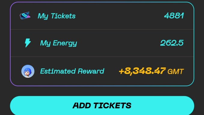 A digital interface showing user statistics: "My Tickets 4881," "My Energy 262.5," and "Estimated Reward +8,348.47 GMT," with an "ADD TICKETS" button below.