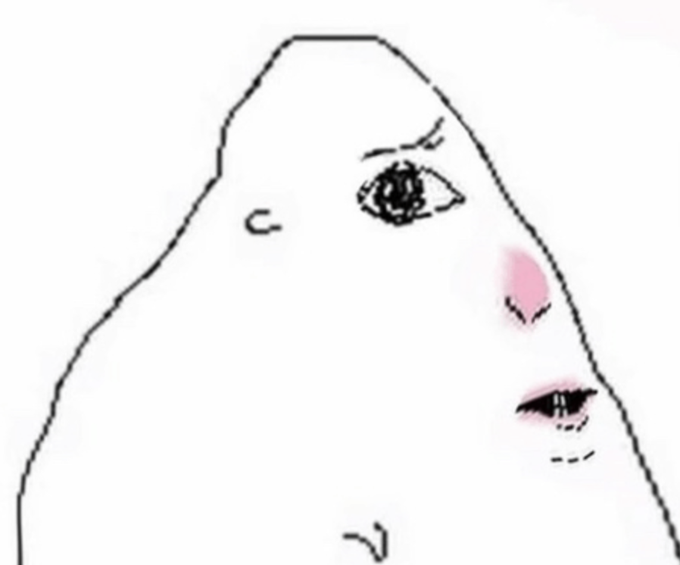 A hand-drawn illustration of a distorted, triangular face with two asymmetrical eyes and a small mouth.