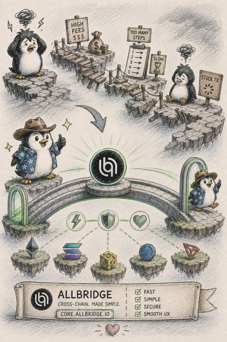 A stylized illustration advertises Allbridge.io with the tagline 'CROSS-CHAIN, MADE SIMPLE', featuring penguin characters navigating obstacles like 'HIGH FEES $$$', 'TOO MANY STEPS', 'SLOW', and 'STUCK TX' before crossing a bridge to various blockchain logos, highlighting features as 'FAST, SIMPLE, SECURE, SMOOTH UX'.