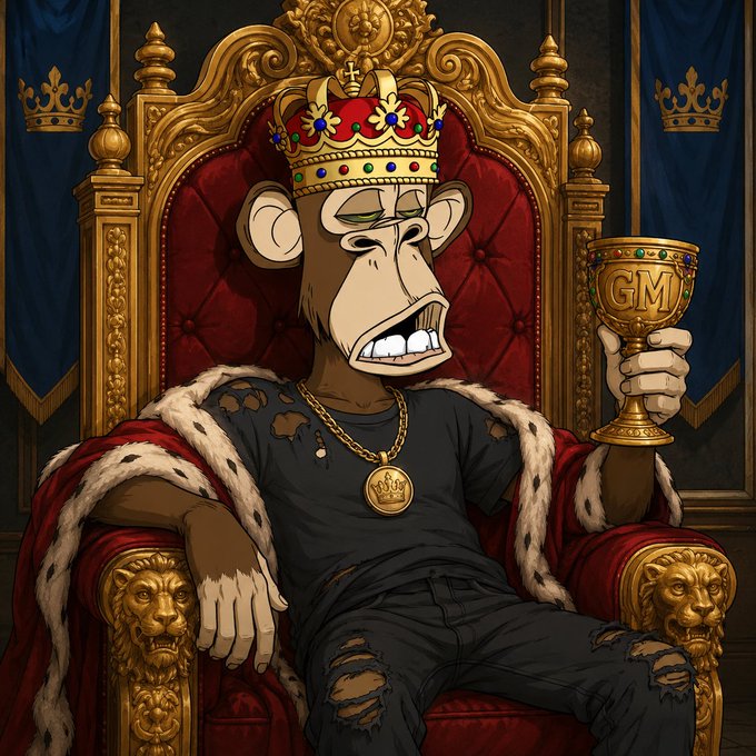 A digital artwork of a cartoon monkey wearing a crown and gold chain, sitting on a royal throne with red cushions and lion armrests, holding a golden goblet marked 'GM' against a backdrop of blue banners with crowns.