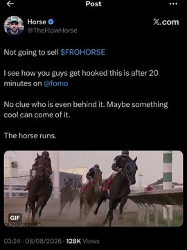 A screenshot of a post by TheFlowHorse on X.com showing his declaration "Not going to sell $FROHORSE" alongside a GIF of horses racing, with the post timestamped 03:24 on 08/08/2026 and gaining 128K views. The accompanying commentary highlights how this KOL publicly discovered the token, claimed ignorance about its creators, and then announced his intent to hold, after which the token pumped to $3.3M before he launched a new "vamp" version of it.