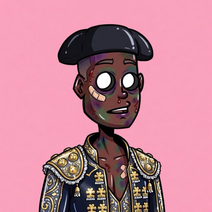 A digital illustration of a bruised and injured character with wide white eyes, wearing a black beret and an ornate matador-style jacket adorned with gold details, set against a pink background.