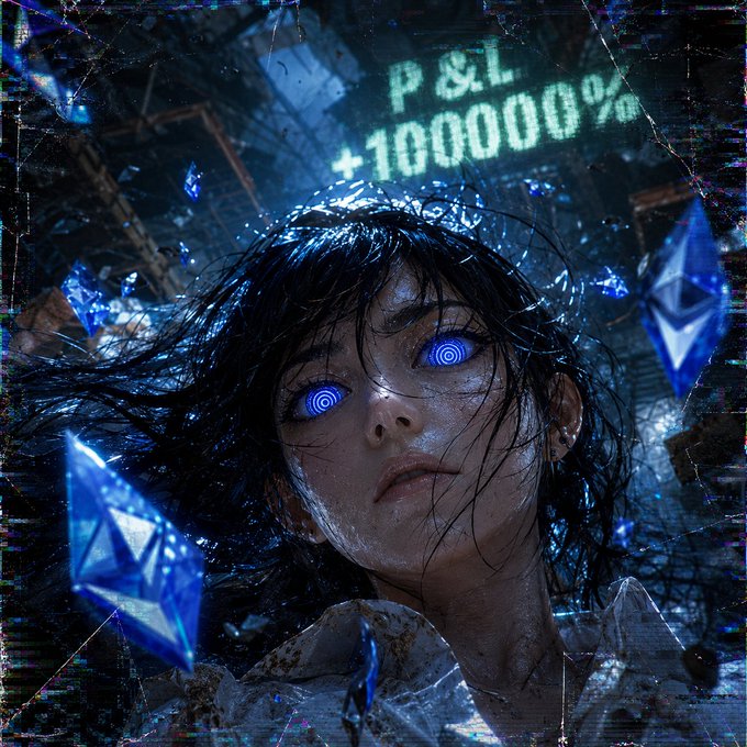 Dark cyberpunk-style image of a woman with glowing spiral blue eyes surrounded by floating blue Ethereum diamond logos, with "P&L +100000%" displayed in green glitch text above.