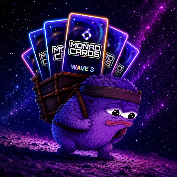 A sad purple furry creature with big eyes and a headband carries a wooden crate on its back, filled with glowing "Monad Cards Wave 3" trading cards set against a cosmic starry background. The weary expression and load of unclaimed cards visually reinforce the post's message to MON holders about patiently waiting for bullish market conditions to claim their rewards.