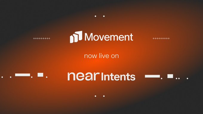 The image features a banner for a website called "movement" that has an orange background with white text. The text reads "now live on NEAR Intent", which suggests that the content of this post is related to Near Intent posts or related to the concept of Near Intents in general.