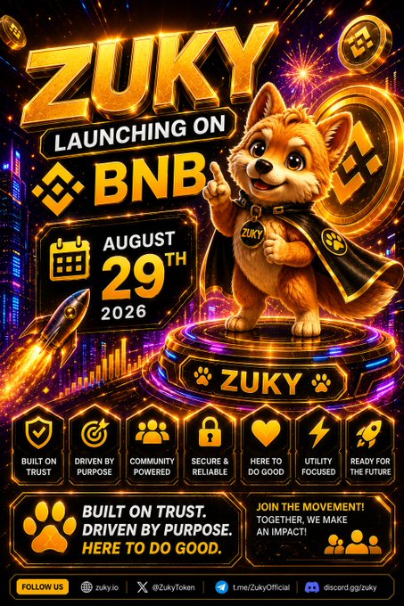 A promotional graphic for 'ZUKY' cryptocurrency launching on BNB on August 29, 2026, featuring a cartoon dog mascot in a cape, with slogans 'BUILT ON TRUST, DRIVEN BY PURPOSE, HERE TO DO GOOD' and social media handles.