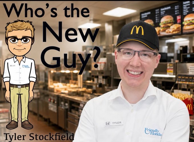 A YouTube thumbnail features a cartoon avatar and a real person named 'Tyler Stockfield' in a white Honda shirt and McDonald's visor, with the title 'Who's the New Guy?' over a McDonald's kitchen background.