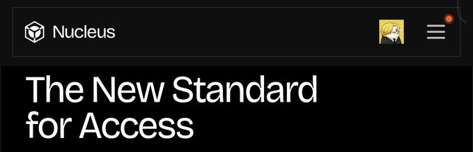 A dark-themed app interface header for 'Nucleus' with an anime-style avatar and menu icon, above the tagline 'The New Standard for Access'.