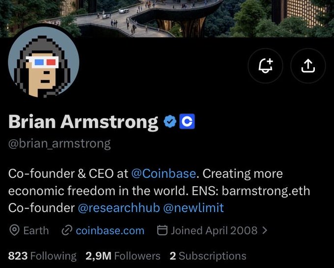 X profile page of Brian Armstrong (@brian_armstrong), Co-founder & CEO at @Coinbase, showing 2.9M followers and joined April 2008.