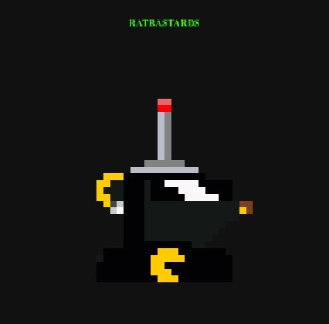 Pixel art of a black top hat with a red detail, set against a dark background with the green text 'RATBASTARDS' at the top.
