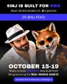 A digital advertisement featuring a man and a Shiba Inu dog in hats, with text reading 'SINJ IS BUILT FOR VIVA' and 'OCTOBER 15-18'.