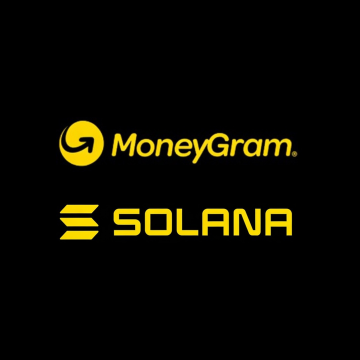 The image features two logos - one for MoneyGram and another for Solana. Both logos are yellow with black text. The MoneyGram logo is positioned above the Solana logo, indicating that MoneyGram has become a validator on Solana's blockchain. This means that both MoneyGram and Solana now operate a validator node together, making it the third blockchain where the payments giant operates a validator.