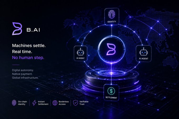 A promotional graphic for B.AI featuring the text "Machines settle. Real time. No human step." alongside icons representing Identity, AI Agents, and Settlement on a glowing blue digital background.