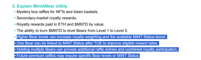 The image displays a slide titled "Explain MintABear Utility," outlining six bullet points about the project's features, including mystery box raffles for NFTs/token baskets, ETH and $MNTTD royalty rewards, $MNTTD burning levels (1-5), and the role of Bears in boosting MINT Status and raffle entries. Notably, the slide states "Higher Bear levels can increase royalty weighting and the available MINT Status boost," which contrasts with the post's clarification that stacking multiple Bears does not advance tier levels—a distinction not explicitly made on the visible portion of the slide.