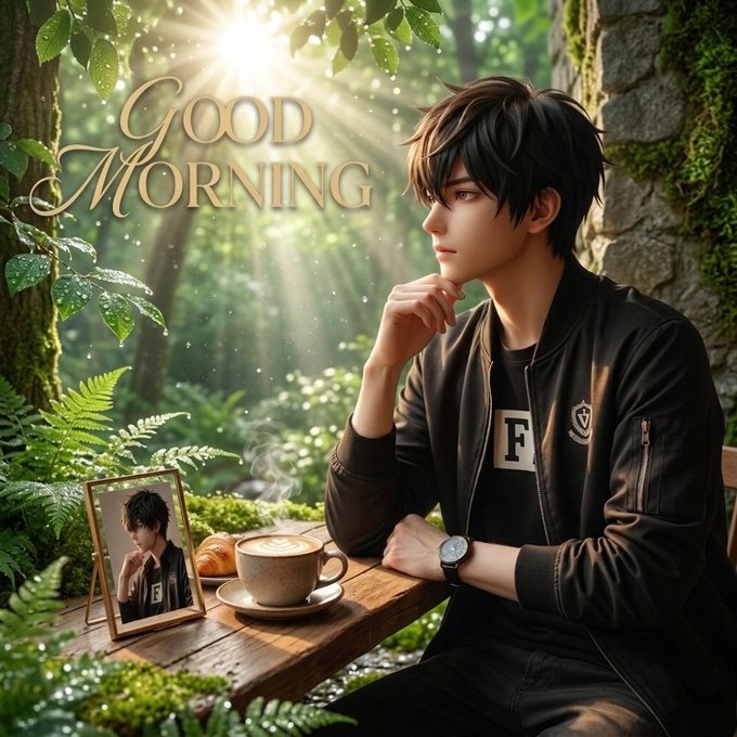 A young man with dark hair sits at a mossy wooden table in a sunlit forest, gazing thoughtfully beside a steaming cup of coffee, a pastry, and a framed photo of himself, with "Good Morning" written in elegant gold script. The serene, reflective scene mirrors the uplifting message of new beginnings, journey, and community pride shared in the post.