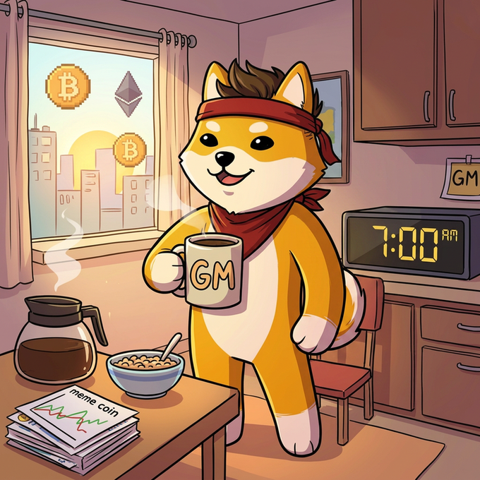 A cartoon Shiba Inu wearing a red headband and bandana stands in a kitchen holding a "GM" coffee mug, with a digital clock reading "7:00 AM," a coffee pot, cereal, and papers labeled "meme coin" with a rising chart, while Bitcoin and Ethereum logos float outside the window. The image ties into the "GM Martians" greeting and @DogelonMars post, capturing the upbeat, early-morning crypto builder spirit with a focus on the $ELON meme coin community.