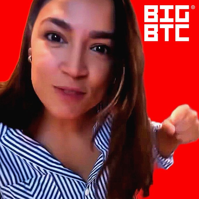 A woman with long dark hair wearing a blue and white striped shirt against a red background with 'BIG BTC' logo in the top right corner.