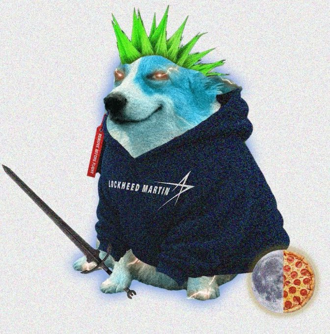 A blue dog with a green punk mohawk wearing a black "LOCKHEED MARTIN" hoodie holds a sword, with a pizza/moon orb and a "REMOVE BEFORE FLIGHT" tag visible.