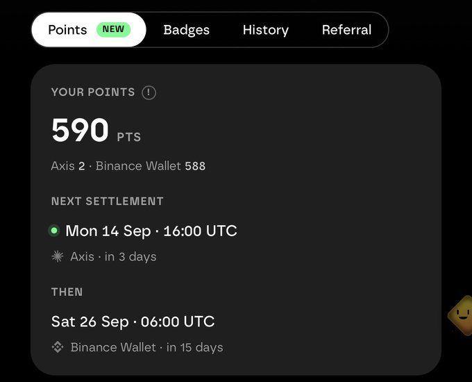 A rewards dashboard showing 590 points (PTS) with tabs for Points, Badges, History, and Referral, indicating 588 points are from a Binance Wallet and listing upcoming settlement dates including Monday, September 14 at 16:00 UTC and Saturday, September 26 at 06:00 UTC.