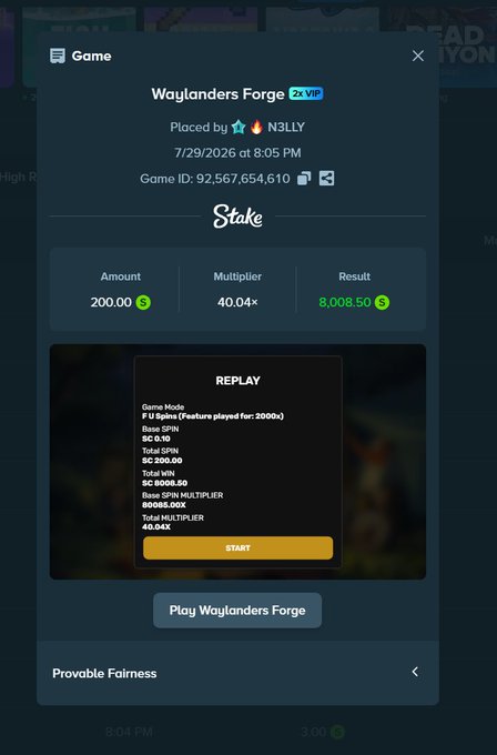A screenshot of a Stake.com game result showing a Waylanders Forge spin that won $8,008.50 from a $200 bet at 40.04× multiplier, placed by N3LLY on 7/29/2026 (Game ID: 92,567,654,610). The image serves as proof of the big win being promoted in the accompanying post.