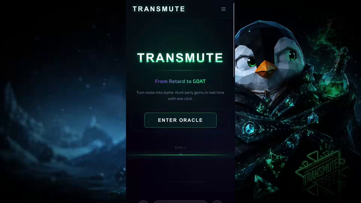 The image features a penguin wearing a wizard's outfit, with an overlay of a website titled "Transmute" on top. Below the penguin, there are three descriptions related to the "Transmute" service, including instructions for creating accounts and using a portal. The bottom part also provides information about the "Oracle Oracle".