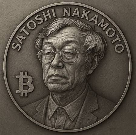A weathered metallic commemorative coin features the name "SATOSHI NAKAMOTO" engraved around the top rim, depicting a bespectacled man in a suit with the Bitcoin "₿" symbol displayed on the left side. The coin's aged, stone-like appearance and unchanging portrait visually echo the post's tension between Bitcoin's unchangeable foundational dogma and the pressure for technical evolution like quantum-resilient BIPs.