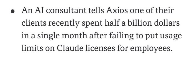 The image shows an AI consultant's name, "An AI consultant tells Axios one of their clients recently spent half a billion dollars in a single month after failing to put usage limits on Claude Licenses for employees." The consultant has been hired by a company named "@gamestop" and is responsible for managing the company's use of AI.