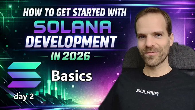 A YouTube thumbnail titled 'HOW TO GET STARTED WITH SOLANA DEVELOPMENT IN 2026 - Basics day 2' featuring a man wearing a black 'SOLANA' t-shirt against a colorful, tech-themed background.