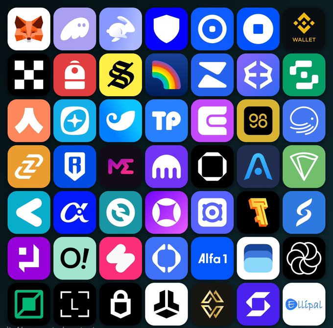 A grid of various cryptocurrency and app icons including MetaMask wallet, Binance, and other Web3-related logos on a dark background.