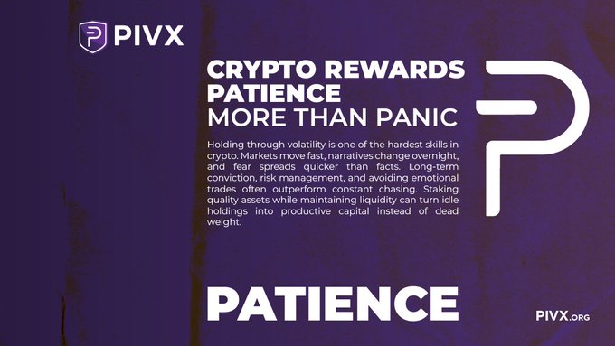 The image is a square graphic that says "PIVX" at the top and "patience" at the bottom, suggesting a connection between cryptocurrency trading strategies and the importance of patience.