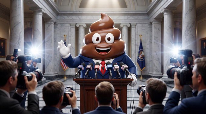 A cartoon poop mascot in a suit and red tie stands at a podium addressing a crowd of photographers with flashing cameras in a grand marble hall, humorously depicting the $SHIT coin as if it were a presidential candidate being interviewed by the press.