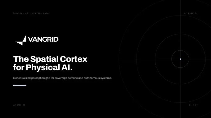 A minimalist black advertisement for VANGRID reads 'The Spatial Cortex for Physical AI' with a tagline about decentralized perception grids for sovereign defense.