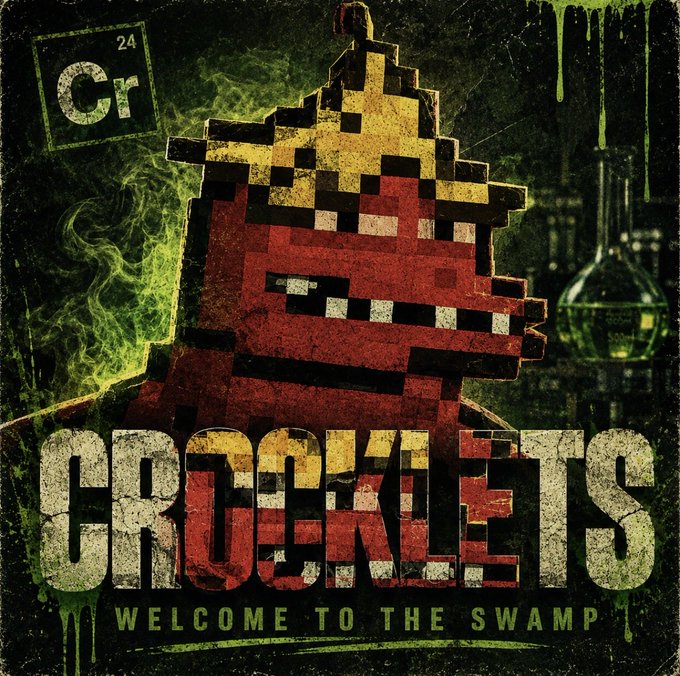 This image is a promotional NFT-style graphic featuring a pixelated red crocodile wearing a crown, with "CROCKLETS" in large bold letters and the tagline "Welcome to the Swamp," alongside a "Cr" element symbol (atomic number 24) in the corner, representing the Crocklets NFT collection referenced in the post.