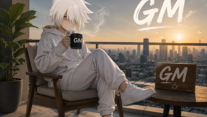 An anime-style character with white hair sits in a chair holding a mug labeled 'GM' on a balcony overlooking a city skyline at sunset, with a laptop also marked 'GM' on a nearby table.