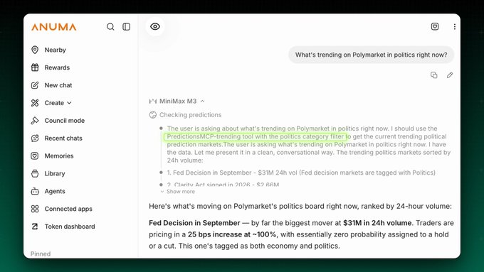 A screenshot of the Anuma AI assistant shows a conversation where a user asks what's trending on Polymarket in politics, and the MiniMax M3 model responds about the Fed Decision in September market.