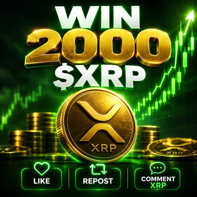 A promotional graphic features bold "WIN 2000 $XRP" text above a golden XRP coin, set against a green candlestick chart trending upward, with "LIKE," "REPOST," and "COMMENT XRP" icons at the bottom. The image visually reinforces the post's giveaway announcement, pairing the prize details and entry requirements with imagery that suggests crypto market gains to attract participants.
