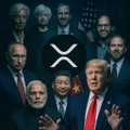 The image depicts Vladimir Putin and Donald Trump prominently, alongside other world leaders and the XRP logo, visually representing the post's claims about Russia's crypto advancements and $XRP's role.