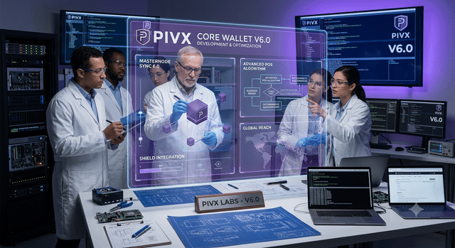 A team of scientists in white lab coats work in a high-tech lab, examining a holographic display of the 'PIVX CORE WALLET V6.0' which features sections for 'MASTERNODE SYNC', 'ADVANCED POS ALGORITHM', 'GLOBAL REACH', and 'SHIELD INTEGRATION'.