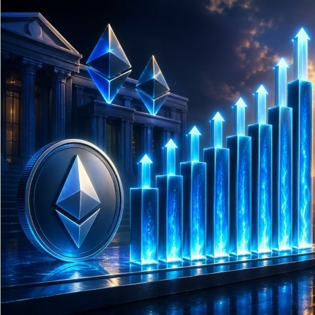 A digital illustration showing Ethereum logos and glowing blue upward arrows over a bar chart against a backdrop of a classical building at night, symbolizing cryptocurrency growth.