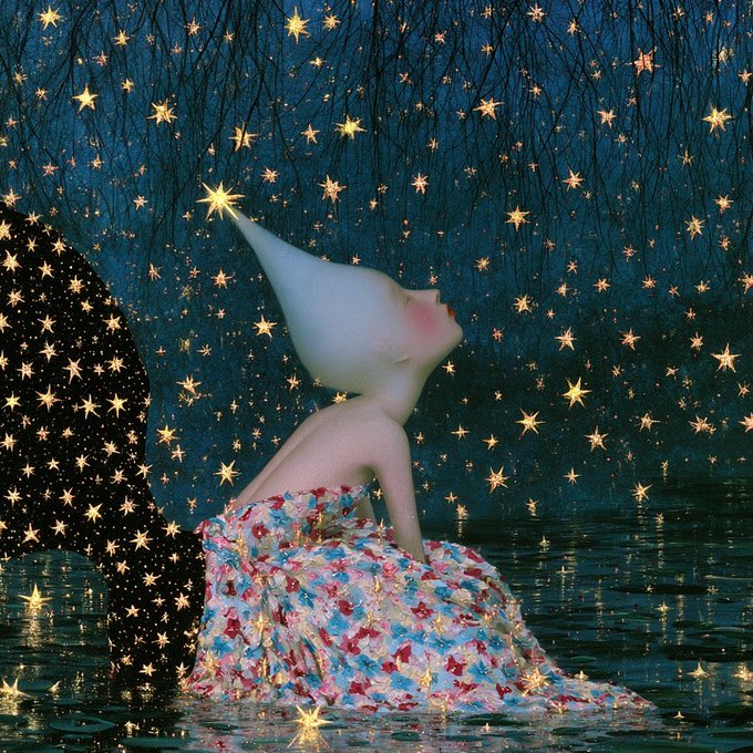 A surreal painting of a pale figure with a pointed cone-shaped head sitting in water under a starry night sky, wearing a colorful patchwork dress.