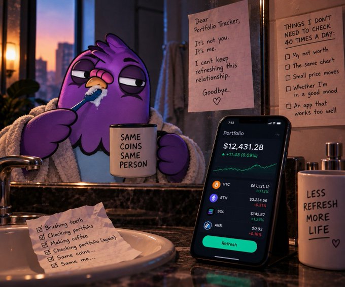 A cartoon purple character in a robe brushes their teeth in a bathroom mirror reflection, while a phone displays their crypto portfolio (BTC, ETH, SOL, ARB) totaling $12,431.28 (+$11.43, 0.09%) with a "Refresh" button, surrounded by breakup notes reading "Dear Portfolio Tracker, It's not you. It's me," "Things I Don't Need to Check 40 Times a Day" (including "My net worth" and "Small price moves"), "Same Coins Same Person," and "Less Refresh More Life," perfectly illustrating the post's theme of breaking the compulsive habit of obsessively monitoring their crypto holdings throughout daily routines.