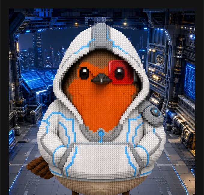 A LEGO-style figurine of a bird character wearing a white and blue hooded jacket with a red eyepiece, set against a futuristic sci-fi background.