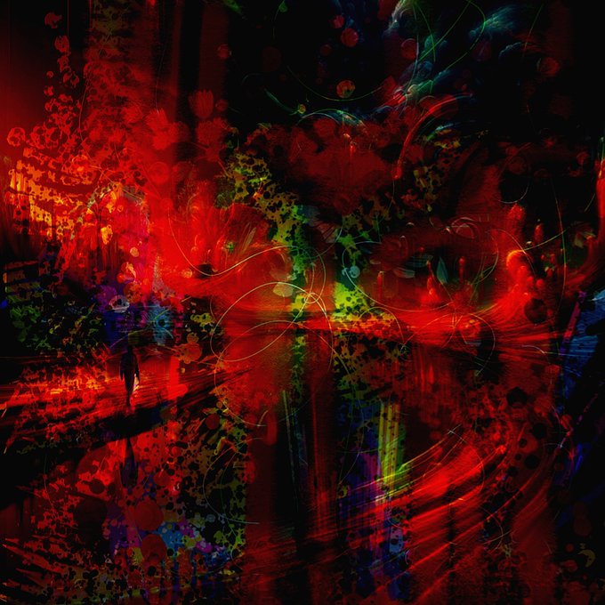An abstract digital artwork bursts with chaotic splashes of red, green, yellow, and blue paint-like textures against a dark background.