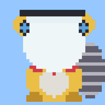 A pixel art illustration of a character with a white headdress, yellow earrings, and a striped wing/arm on a light blue background.