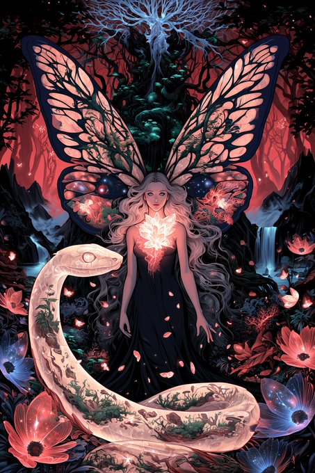A fantasy illustration depicts a fairy with butterfly wings standing beside a large pale serpent in a mystical forest illuminated by bioluminescent flowers and waterfalls.